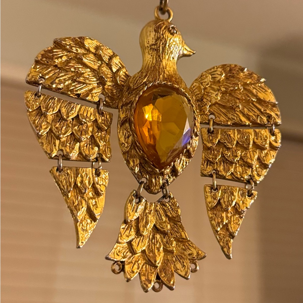 Gold Phoenix Large Vtg Pendant Orange Gemstone Necklace